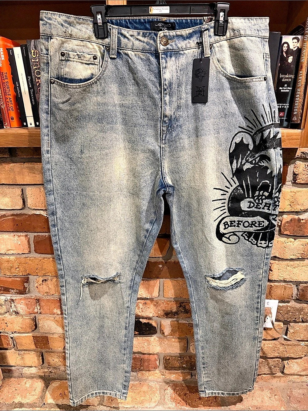 Ed Hardy Slim Fit Graphic Straight Leg Jeans Blue Waist 38 NWT